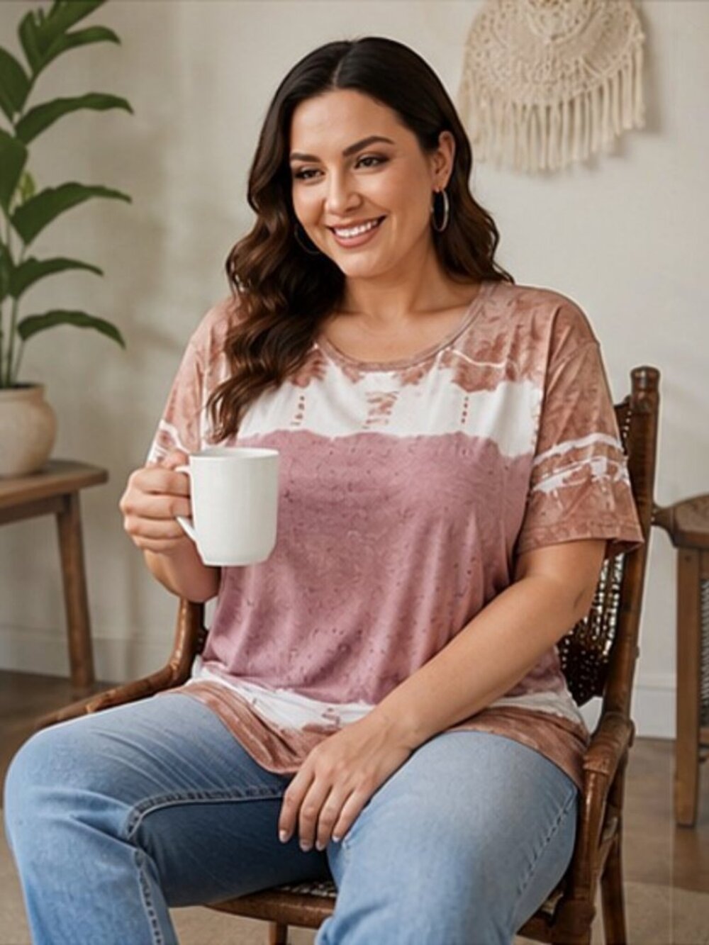 Women’s Tie Dye Casual Tee Top Pink Beige Short Sleeve Stretch Relaxed Fit - L - Picture 3 of 9